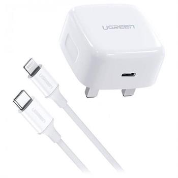 شارژر دیواری 1متری یوگرین USB-C PD Fast Charger UK+ USB-C به Lightning Cable